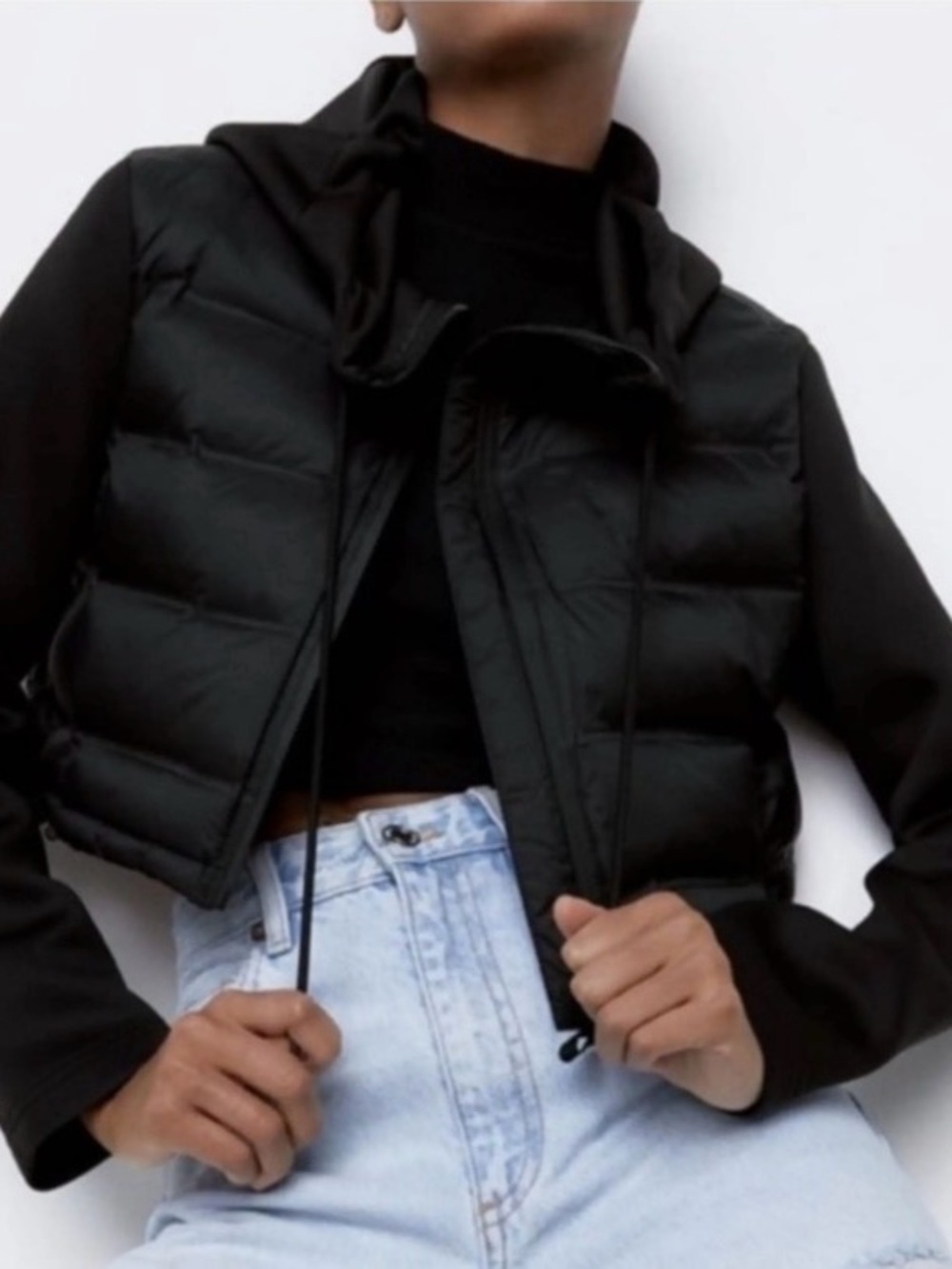 Zara Black Cropped Puffer Vest with Hood | M